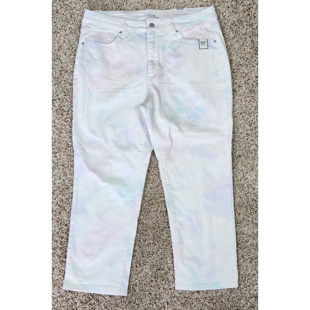Time and Tru Crop Pant Straight High Rise White Denim Pastel Tie Dye Size 18 NWT